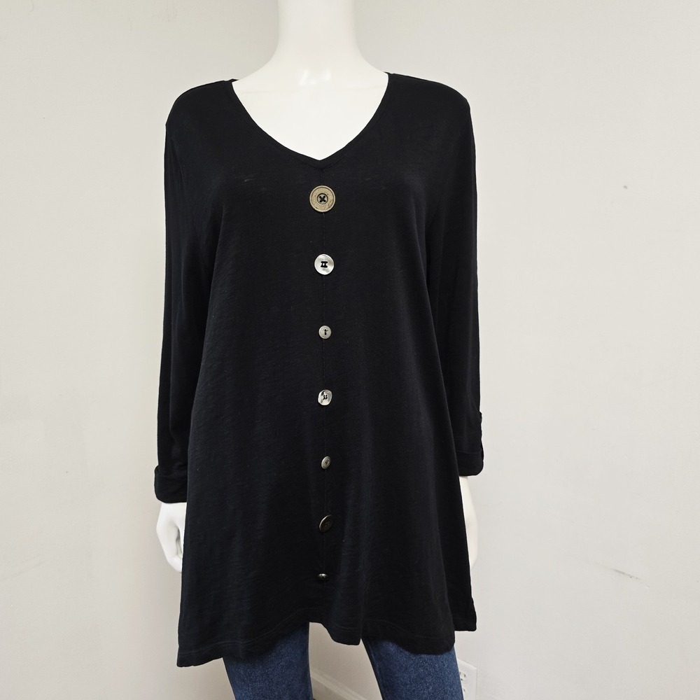 JM Collection Tunic Top Size XL Button Detail Black Asymmetric Hem 3/4 Sleeve